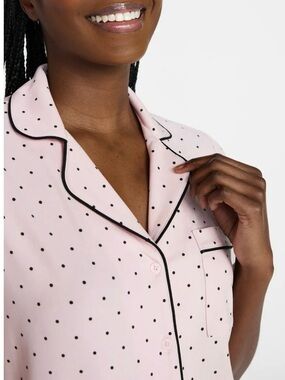 Women’s Pink Polka Dot Satin Pajama Top with Black Piping